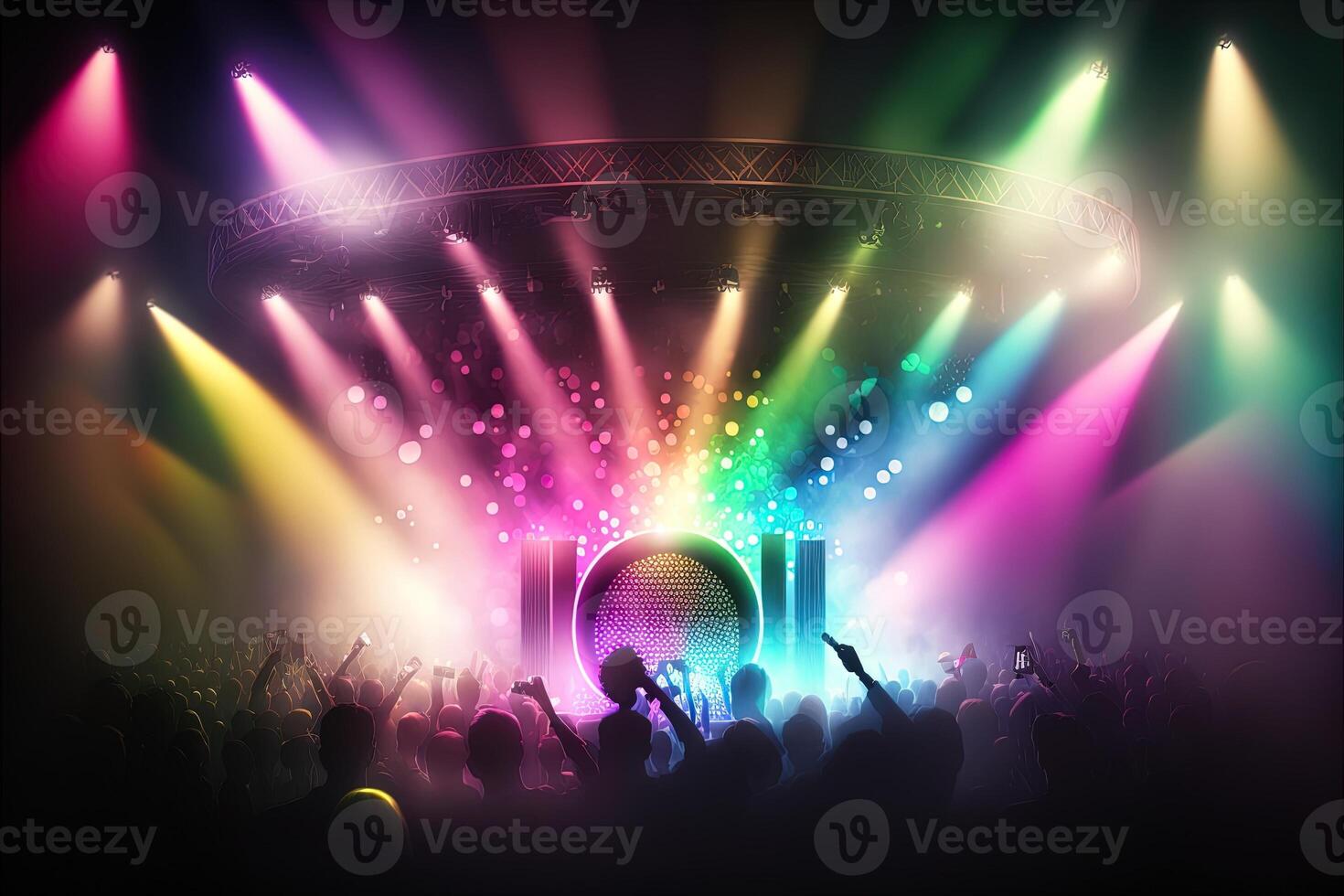 New Year's Eve party background, pop color, group of people dancing and joyful, countdown, neural network art.Digitally painting, generated image. stage with a lot of stage lights, disco photo