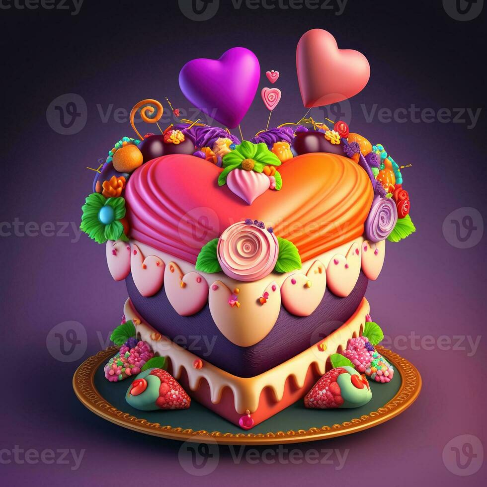 Perfect heart cake for valentine, instagram photo, full decorations for valentines day, symmetrical, hearts, clouds, flowers and butterfly. Valentine greeting card photo