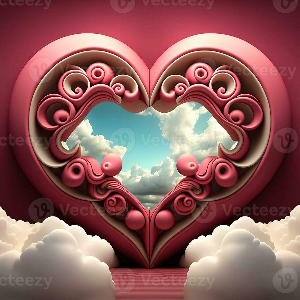 Perfecto decoraciones para san valentin día, simétrico, corazones y nubes, rojo, rosa, 3d, profesional estudio, súper resolución. enamorado día concepto saludo tarjeta foto