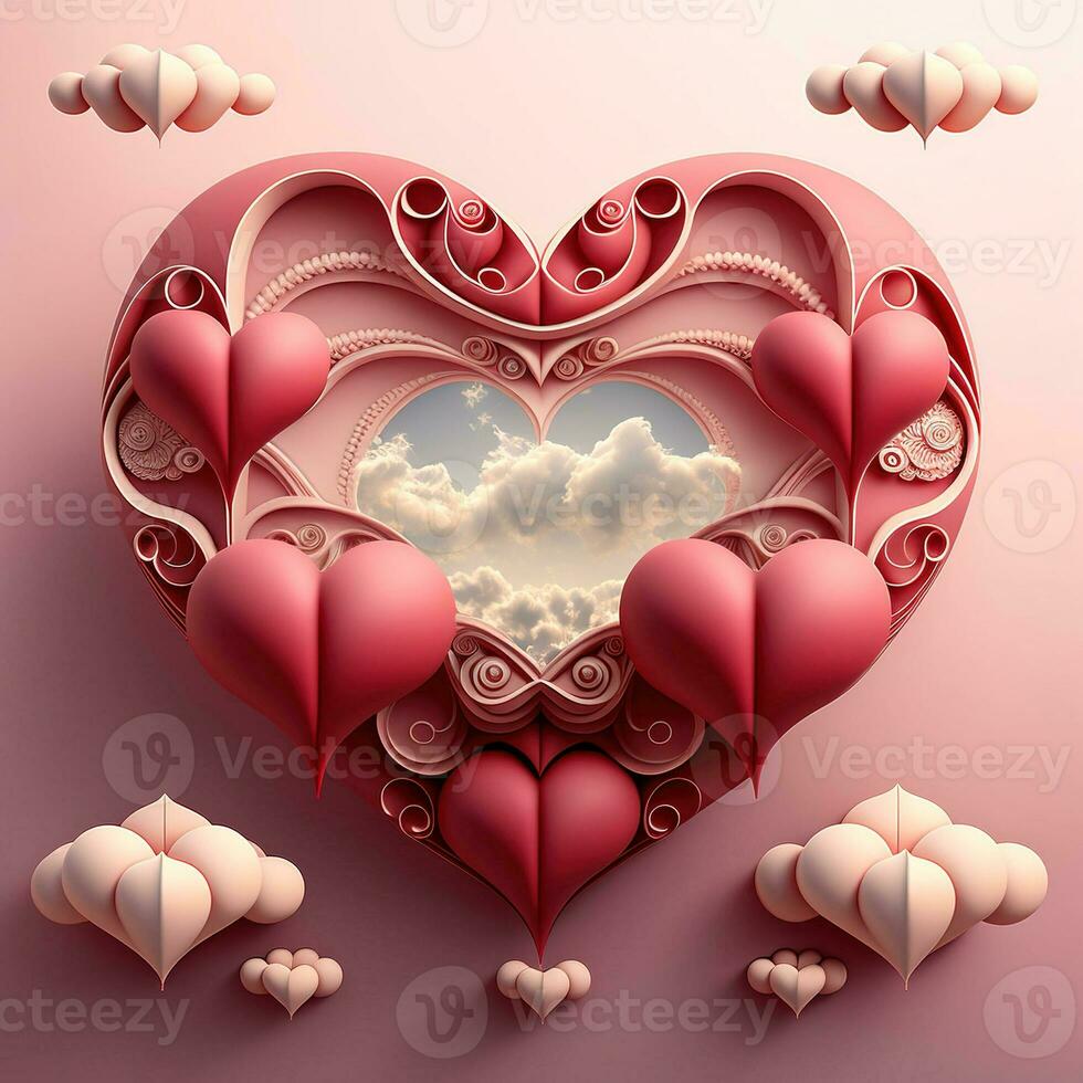 Perfecto decoraciones para san valentin día, simétrico, corazones y nubes, rojo, rosa, 3d, profesional estudio, súper resolución. enamorado día concepto saludo tarjeta foto