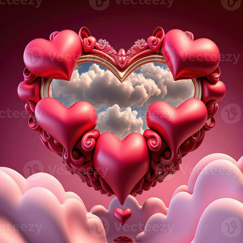 Perfect decorations for valentines day, symmetrical, hearts and clouds, red, pink, 3d, proffesional studio, super-resolution. Valentine day concept greeting card photo