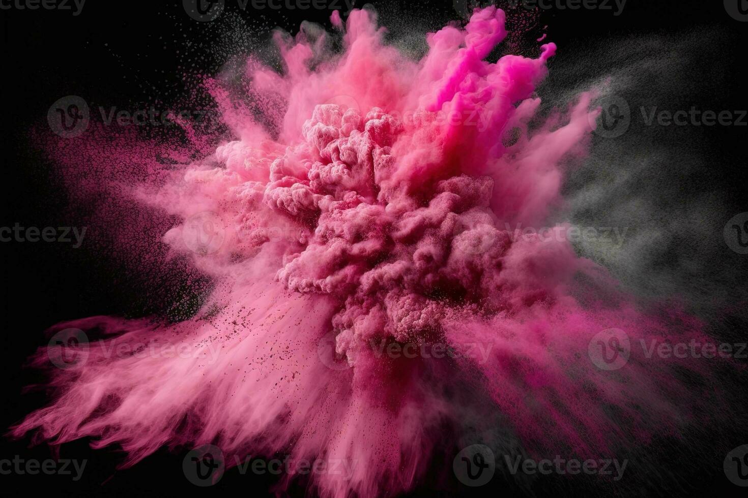 Abstract pink powder explosion on Black background.Colorful dust explode. Painted Holiday powder festival. Freeze motion of color powder exploding,throwing color powder on background. photo