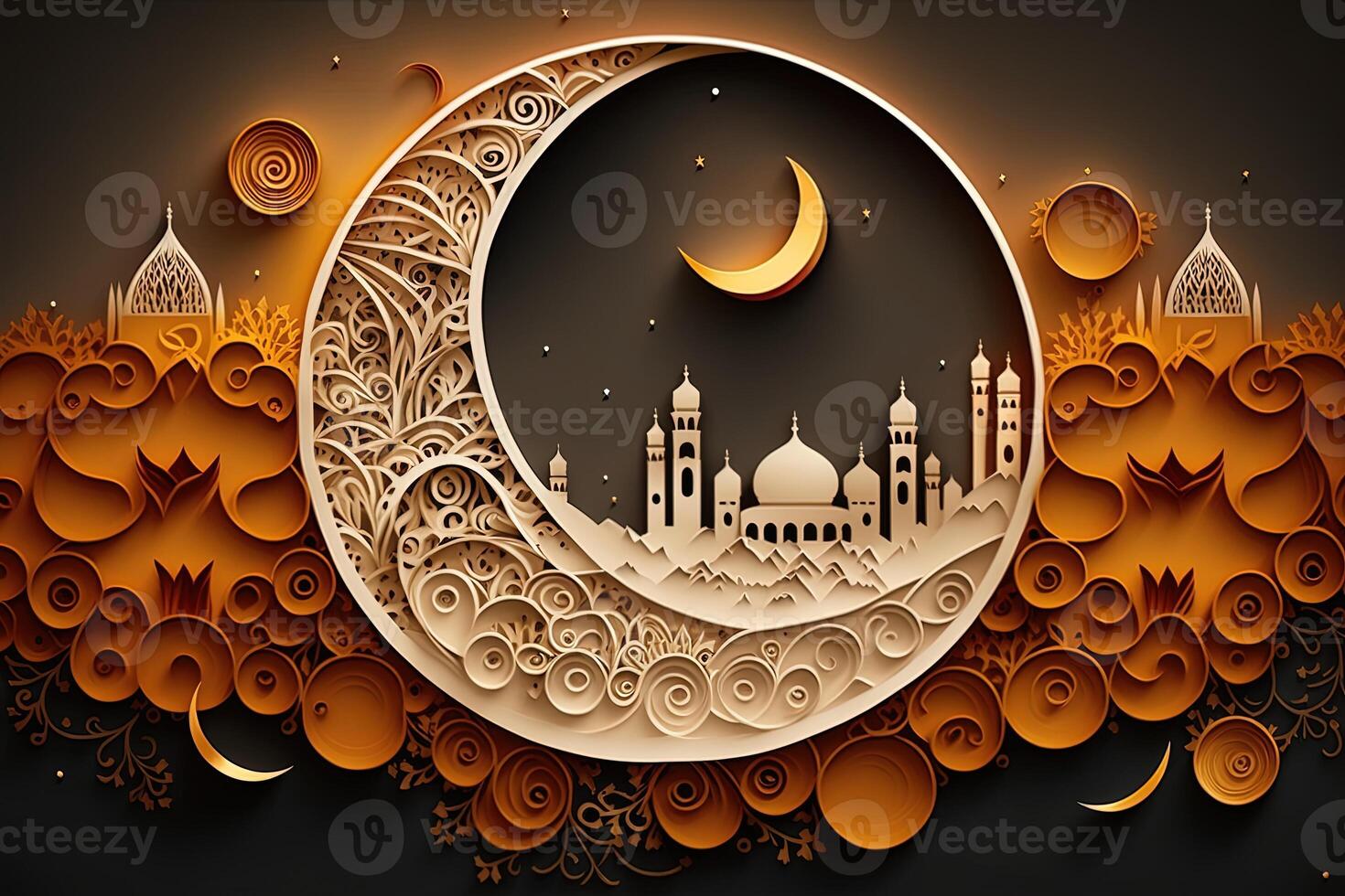 Islamic greeting Eid Mubarak cards for Muslim Holidays.Eid-Ul-Adha festival celebration.Arabic Ramadan Lantern . quilling paper cut Crescent Islamic with mosque for Ramadan Kareem. photo