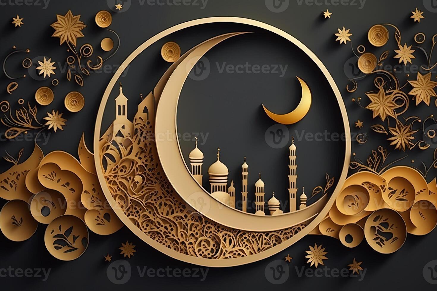 Islamic greeting Eid Mubarak cards for Muslim Holidays.Eid-Ul-Adha festival celebration.Arabic Ramadan Lantern . quilling paper cut Crescent Islamic with mosque for Ramadan Kareem. photo