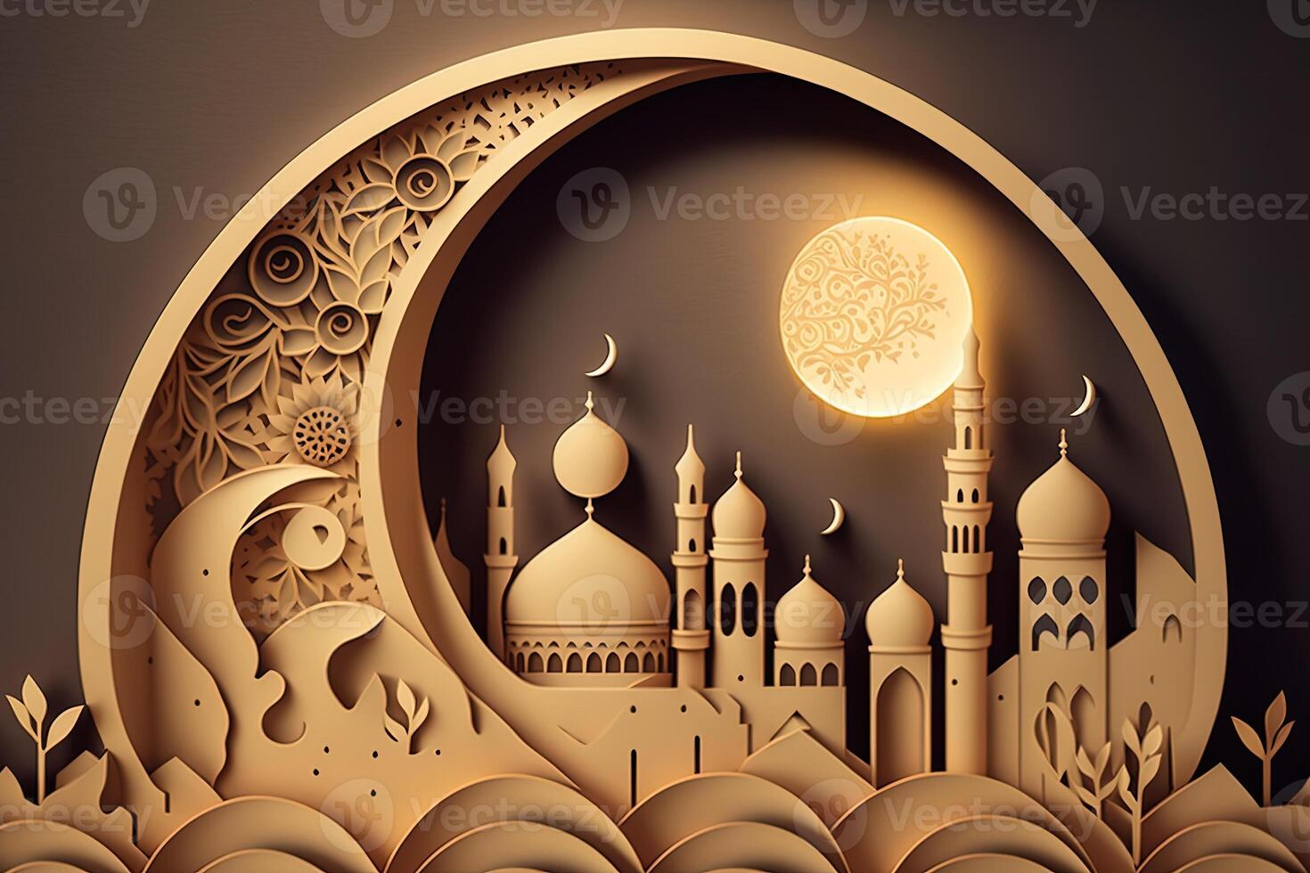 Islamic greeting Eid Mubarak cards for Muslim Holidays.Eid-Ul-Adha festival celebration.Arabic Ramadan Lantern . quilling paper cut Crescent Islamic with mosque for Ramadan Kareem. photo