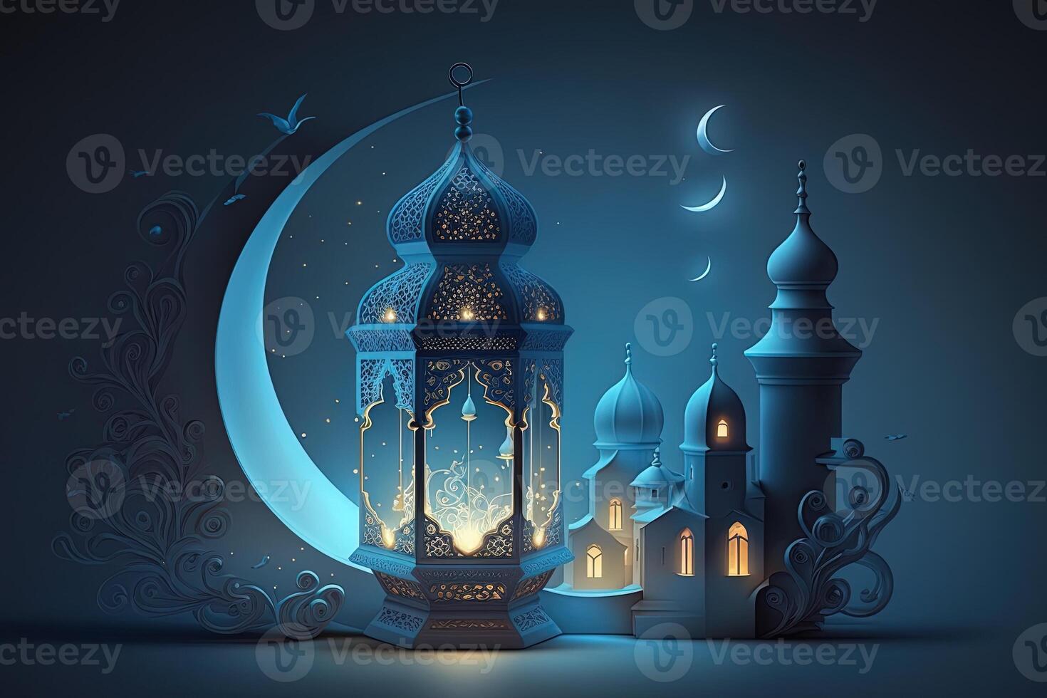 Islamic greeting Eid Mubarak cards for Muslim Holidays.Eid-Ul-Adha festival celebration.Arabic Ramadan Lantern . Crescent Islamic with mosque for Ramadan Kareem. photo