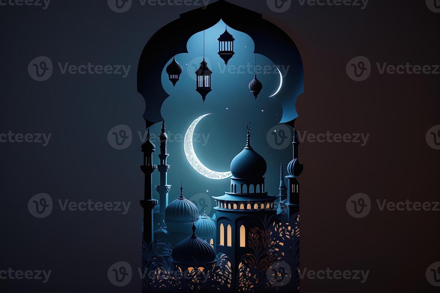 Islamic greeting Eid Mubarak cards for Muslim Holidays.Eid-Ul-Adha festival celebration.Arabic Ramadan Lantern . Crescent Islamic with mosque for Ramadan Kareem. photo