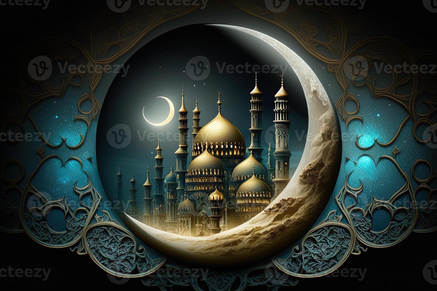 Islamic greeting Eid Mubarak cards for Muslim Holidays.Eid-Ul-Adha festival celebration.Arabic Ramadan Lantern . Crescent Islamic with mosque for Ramadan Kareem. photo