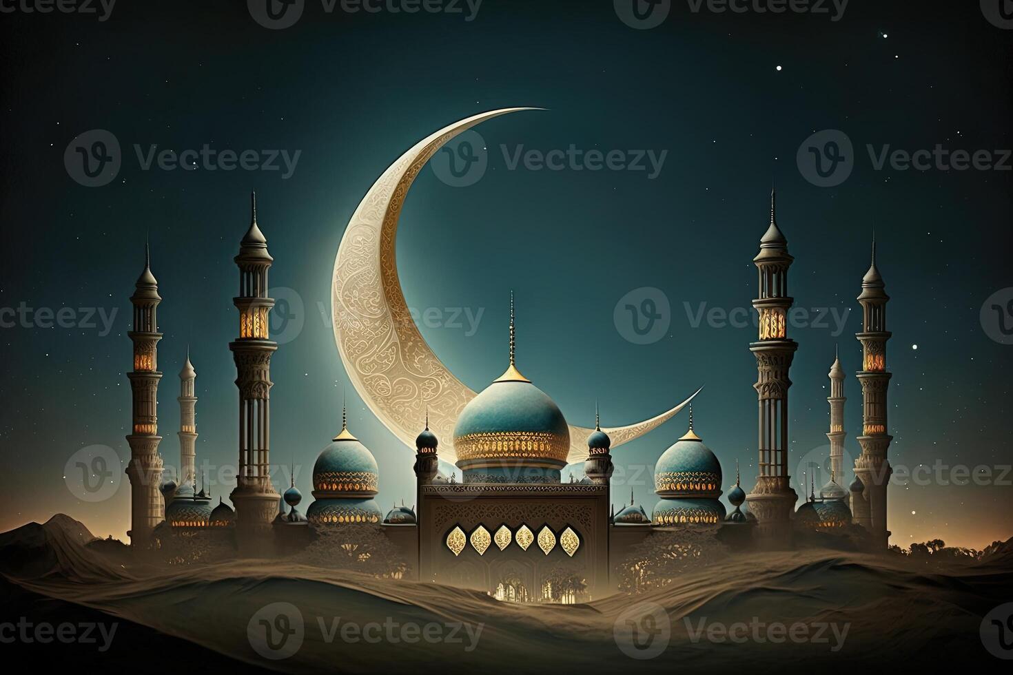 Islamic greeting Eid Mubarak cards for Muslim Holidays.Eid-Ul-Adha festival celebration.Arabic Ramadan Lantern . Crescent Islamic with mosque for Ramadan Kareem. photo