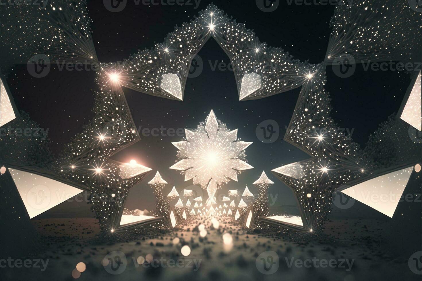 Shower of a million sparkling star shaped mirrors from the heavens. Bright creative abstract decoration element for celebration. Gold and silver glitter star with golden frame on dark background. photo