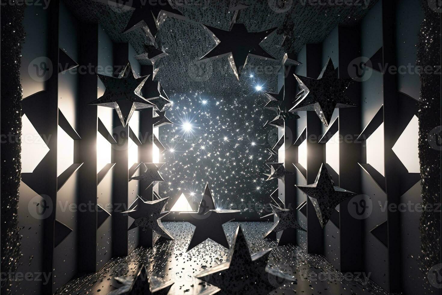 Shower of a million sparkling star shaped mirrors from the heavens. Bright creative abstract decoration element for celebration. Gold and silver glitter star with golden frame on dark background. photo