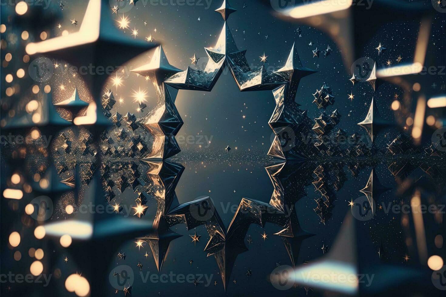 Shower of a million sparkling star shaped mirrors from the heavens. Bright creative abstract decoration element for celebration. Gold and silver glitter star with golden frame on dark background. photo