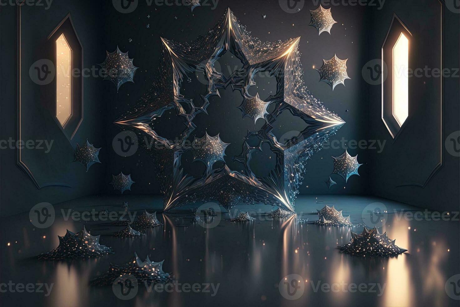 Shower of a million sparkling star shaped mirrors from the heavens. Bright creative abstract decoration element for celebration. Gold and silver glitter star with golden frame on dark background. photo
