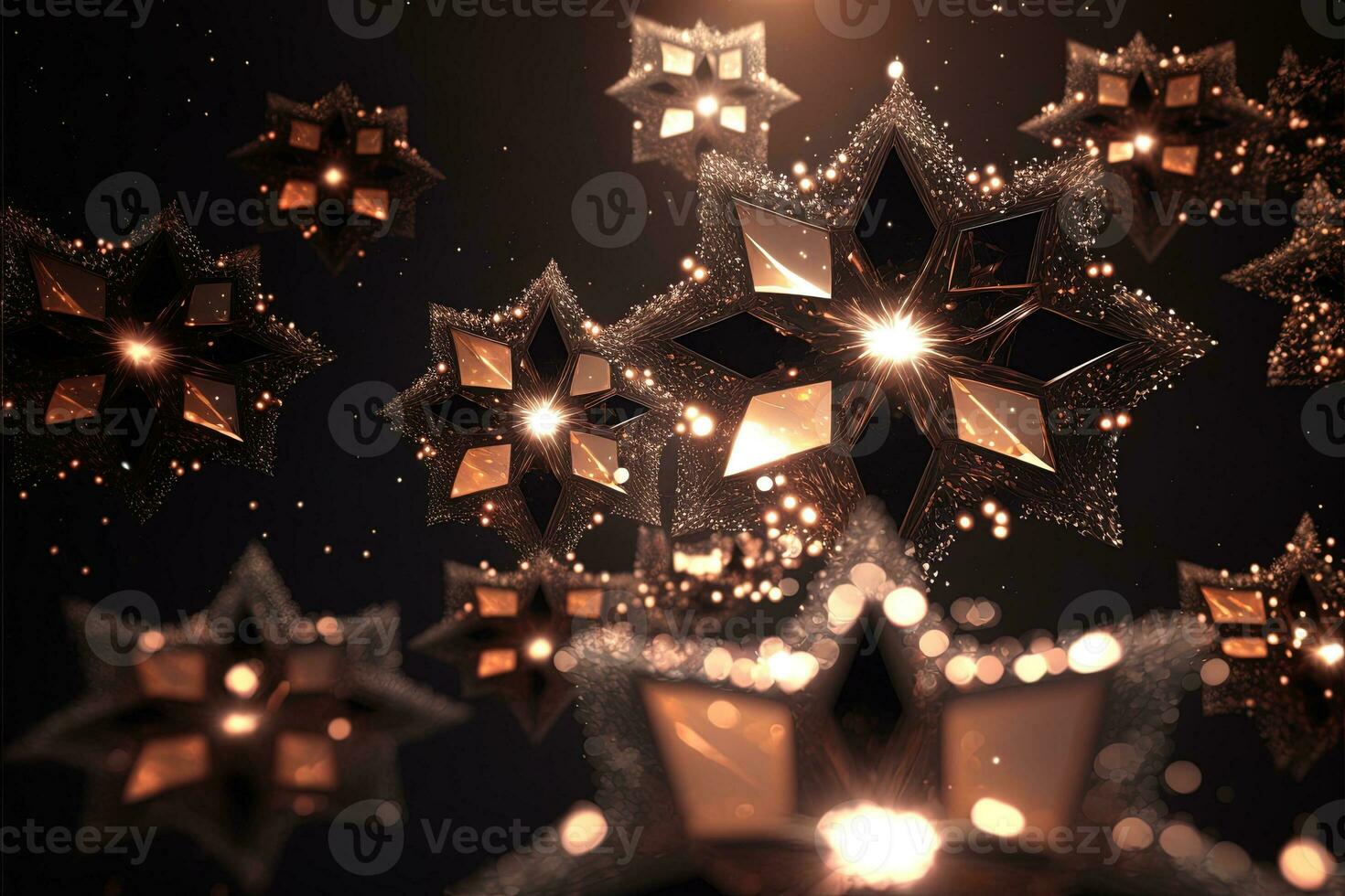 Shower of a million sparkling star shaped mirrors from the heavens. Bright creative abstract decoration element for celebration. Gold and silver glitter star with golden frame on dark background. photo