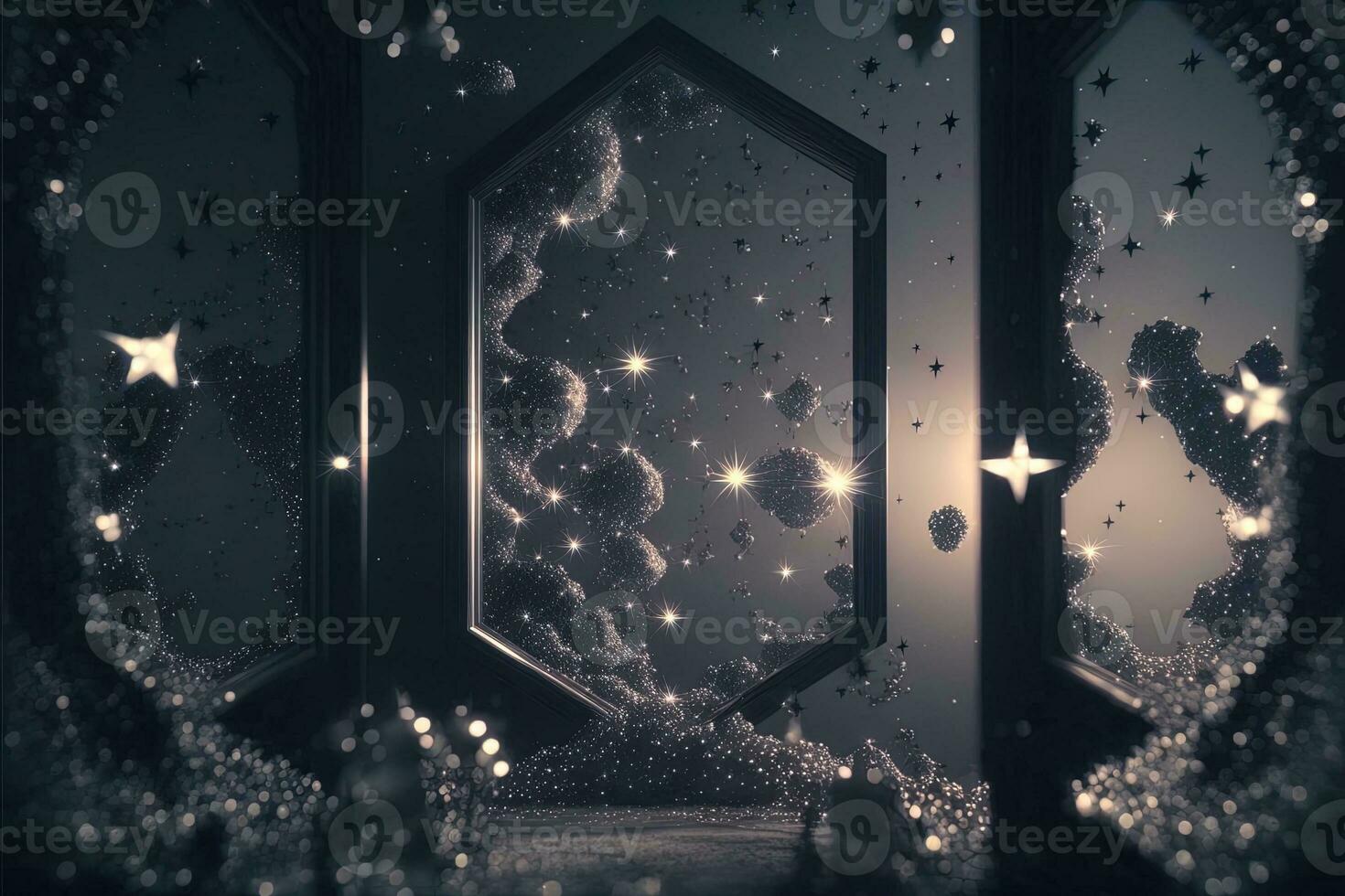 Shower of a million sparkling star shaped mirrors from the heavens. Bright creative abstract decoration element for celebration. Gold and silver glitter star with golden frame on dark background. photo