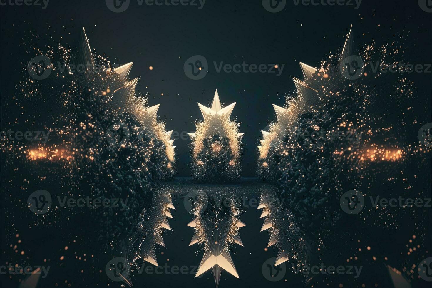 Shower of a million sparkling star shaped mirrors from the heavens. Bright creative abstract decoration element for celebration. Gold and silver glitter star with golden frame on dark background. photo