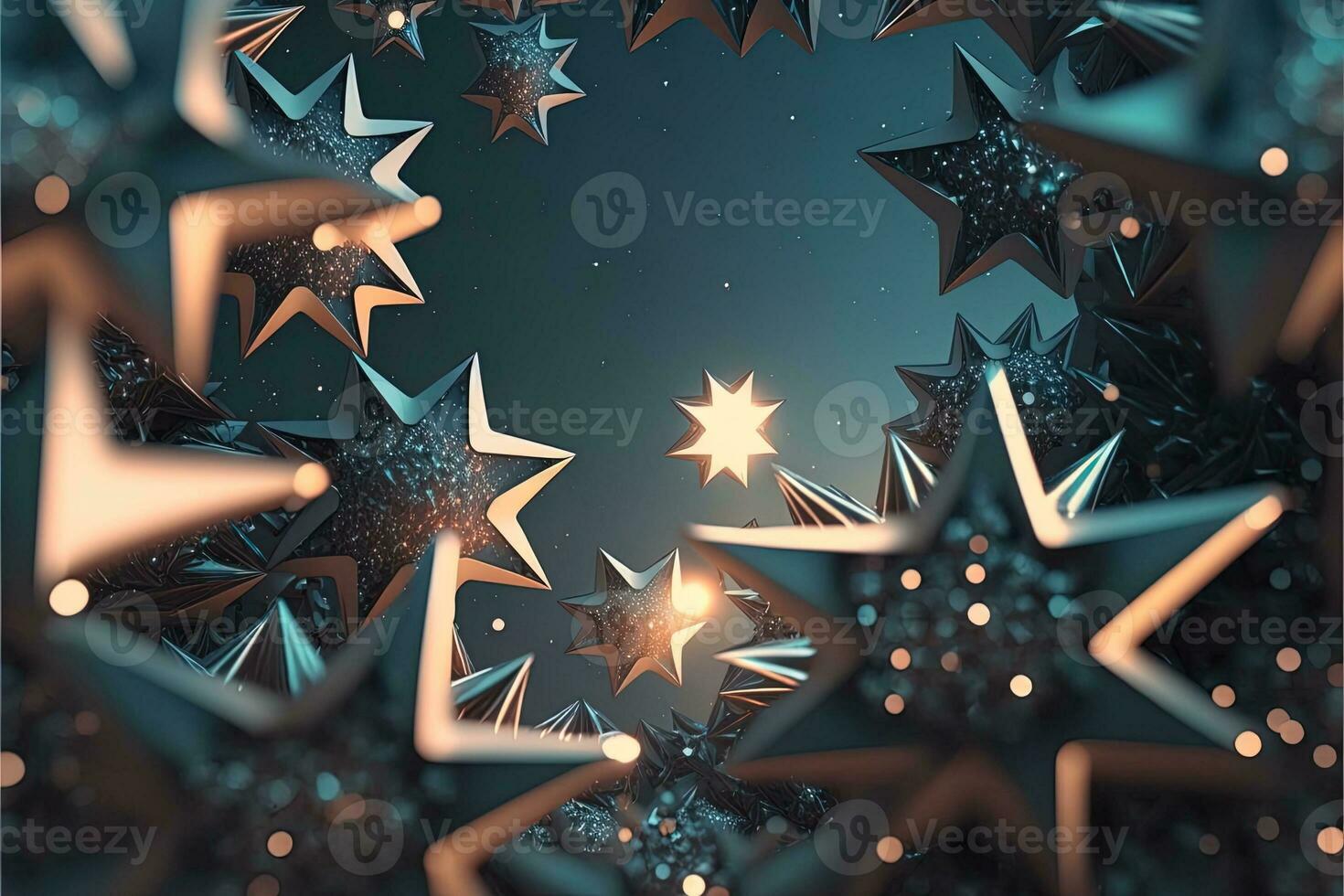 Shower of a million sparkling star shaped mirrors from the heavens. Bright creative abstract decoration element for celebration. Gold and silver glitter star with golden frame on dark background. photo