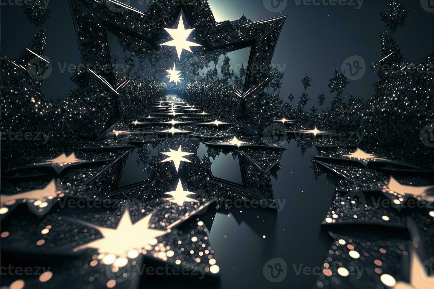 Shower of a million sparkling star shaped mirrors from the heavens. Bright creative abstract decoration element for celebration. Gold and silver glitter star with golden frame on dark background. photo