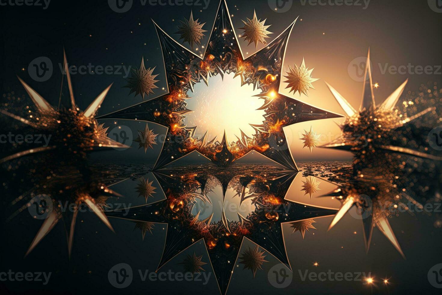Shower of a million sparkling star shaped mirrors from the heavens. Bright creative abstract decoration element for celebration. Gold and silver glitter star with golden frame on dark background. photo
