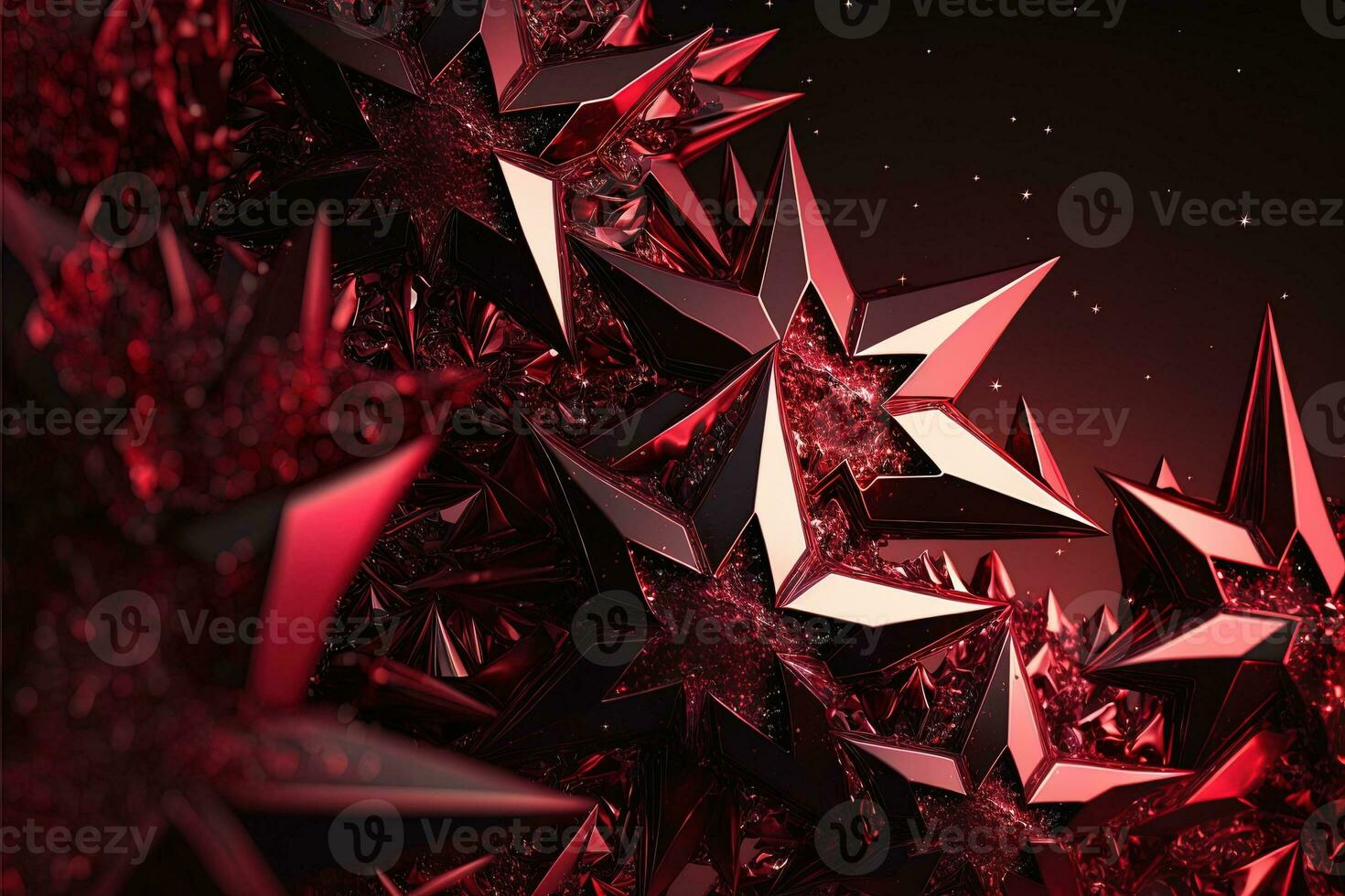 Shower of a million sparkling star shaped mirrors from the heavens. Bright creative abstract decoration element for celebration. Chaos red glitter star with golden frame on dark background. photo