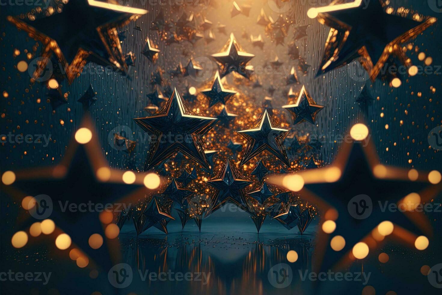 Shower of a million sparkling star shaped mirrors from the heavens. Bright creative abstract decoration element for celebration. Gold and silver glitter star with golden frame on dark background. photo