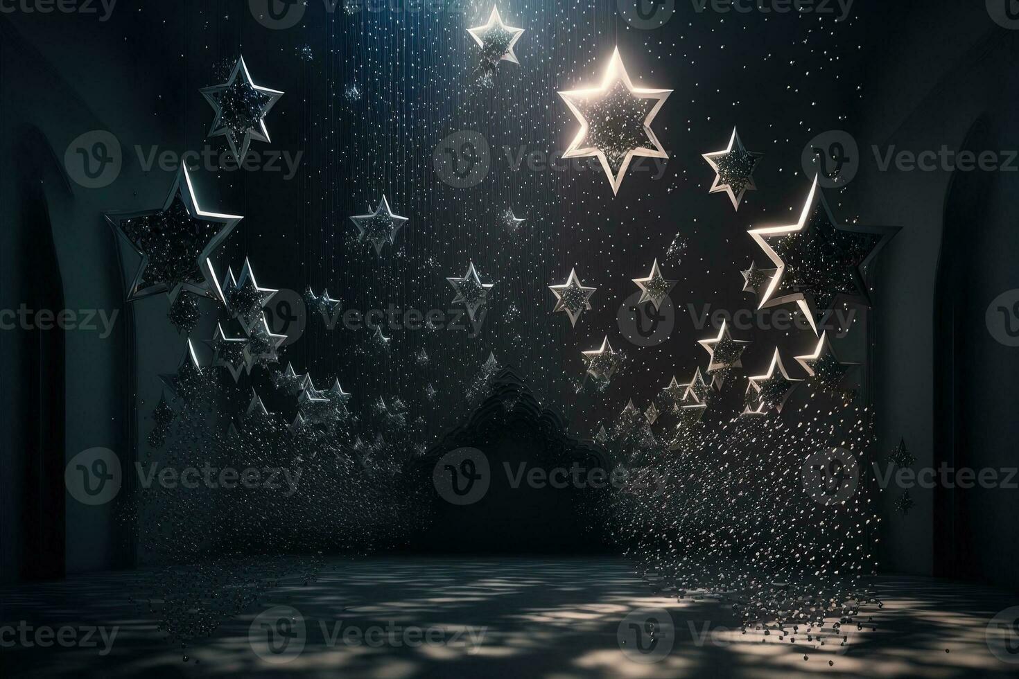 Shower of a million sparkling star shaped mirrors from the heavens. Bright creative abstract decoration element for celebration. Gold and silver glitter star with golden frame on dark background. photo