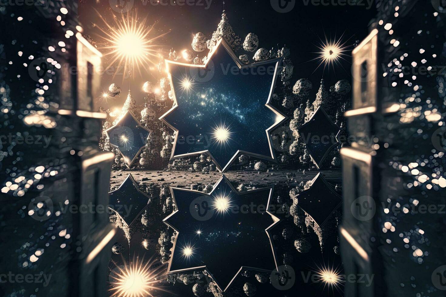 Shower of a million sparkling star shaped mirrors from the heavens. Bright creative abstract decoration element for celebration. Gold and silver glitter star with golden frame on dark background. photo