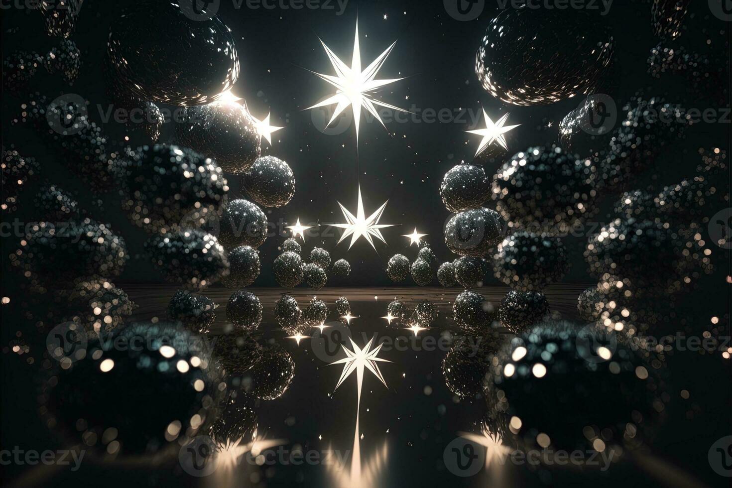 Shower of a million sparkling star shaped mirrors from the heavens. Bright creative abstract decoration element for celebration. Gold and silver glitter star with golden frame on dark background. photo