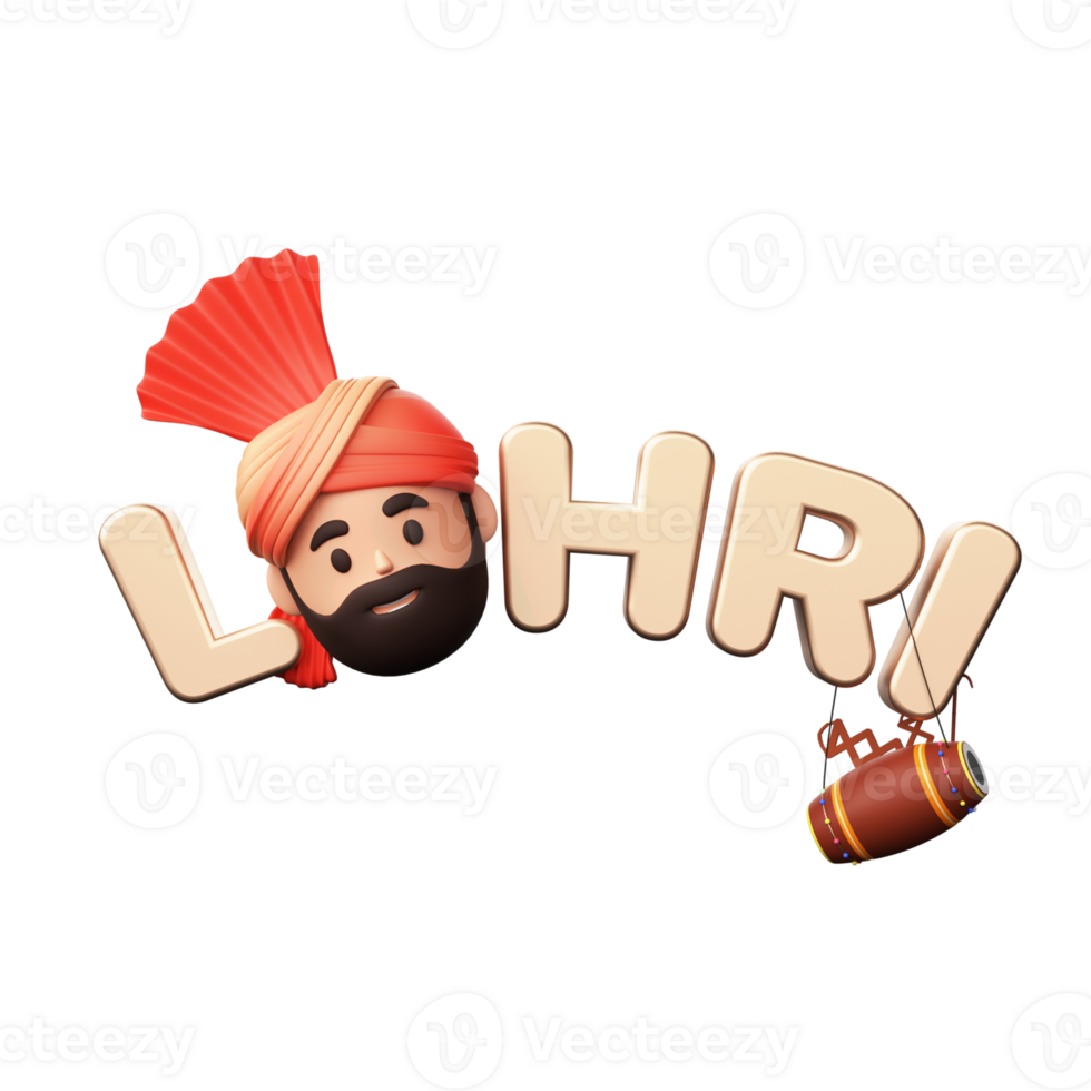 3D Render Golden Lohri Text With Punjabi Man Face, Dhol, Bhangra Khunda, Sapp Instrument Against Background. png