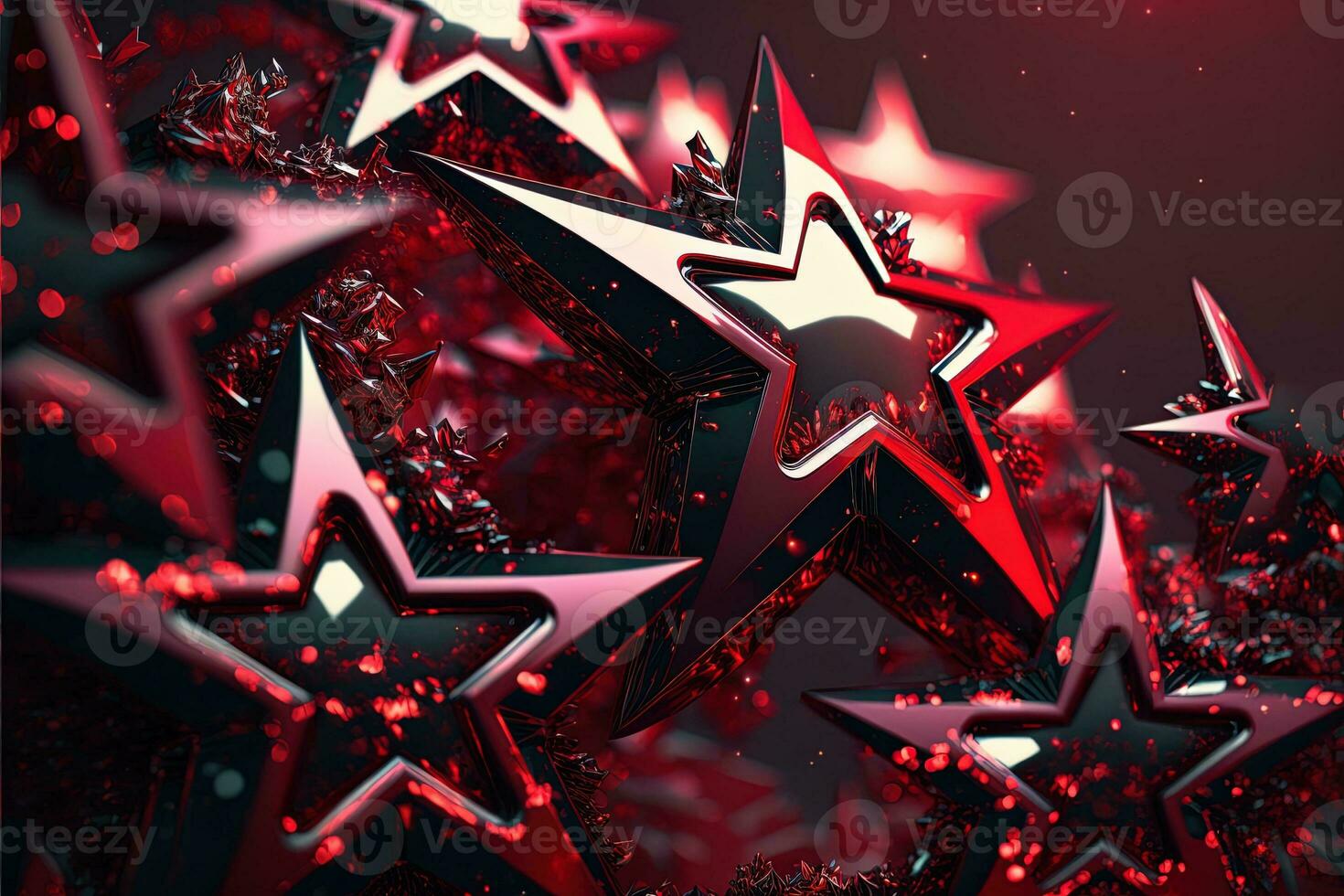 Shower of a million sparkling star shaped mirrors from the heavens. Bright creative abstract decoration element for celebration. Chaos red glitter star with golden frame on dark background. photo