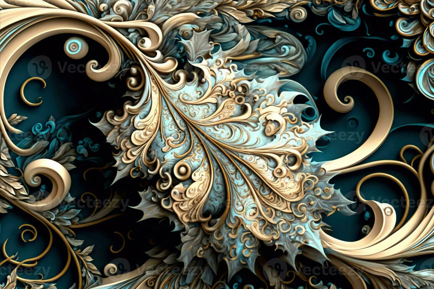 Swirling magnificent fractalesque rococo patterns. Collage contemporary print with creative futuristic waves pattern with purple and yellow colors, texture. Artistic photo