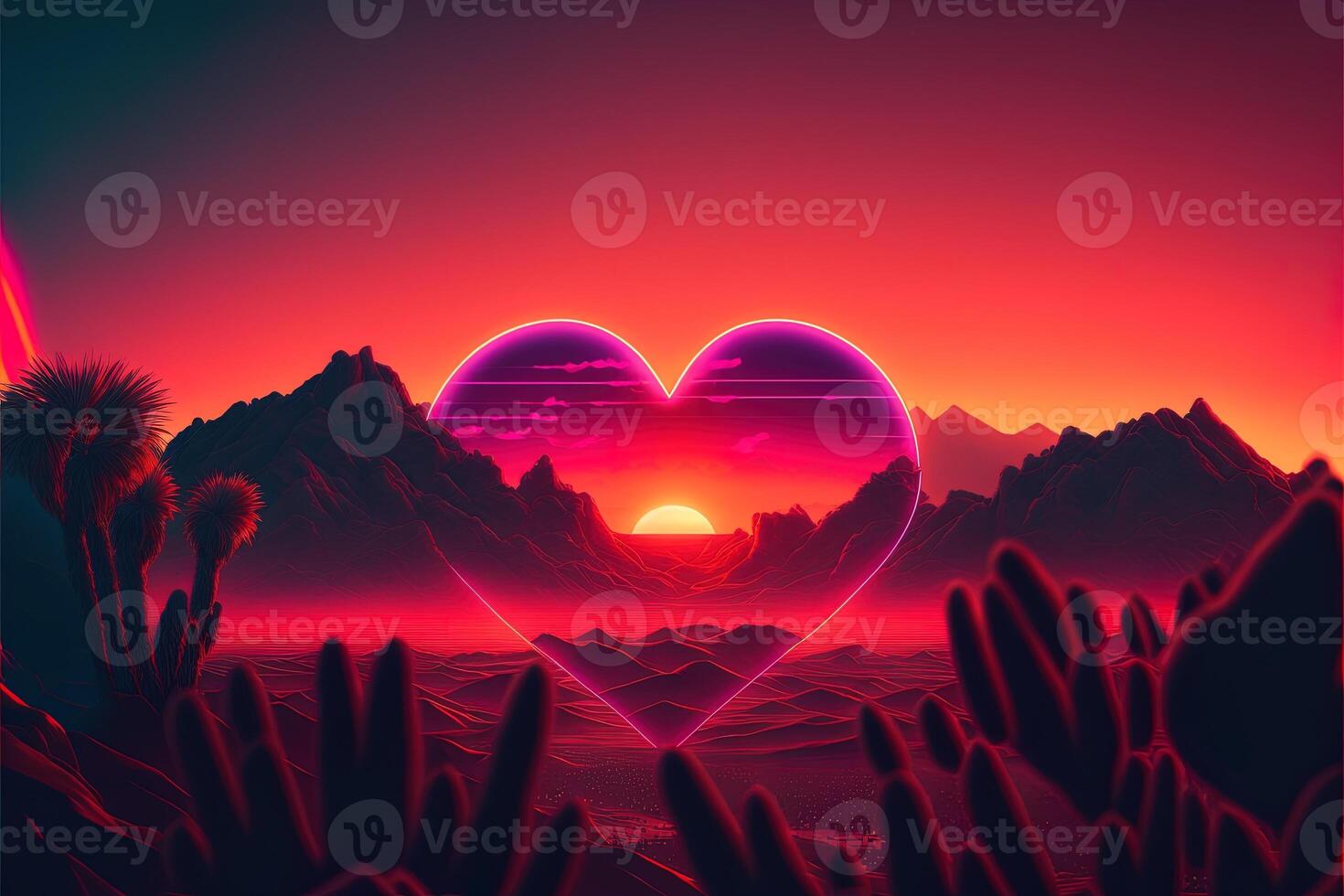 valentine day with retro style hearts, love concept, retro wave sunset, in style of synthwave artwork, cinematic color grading, cinematic light, depth of field. photo
