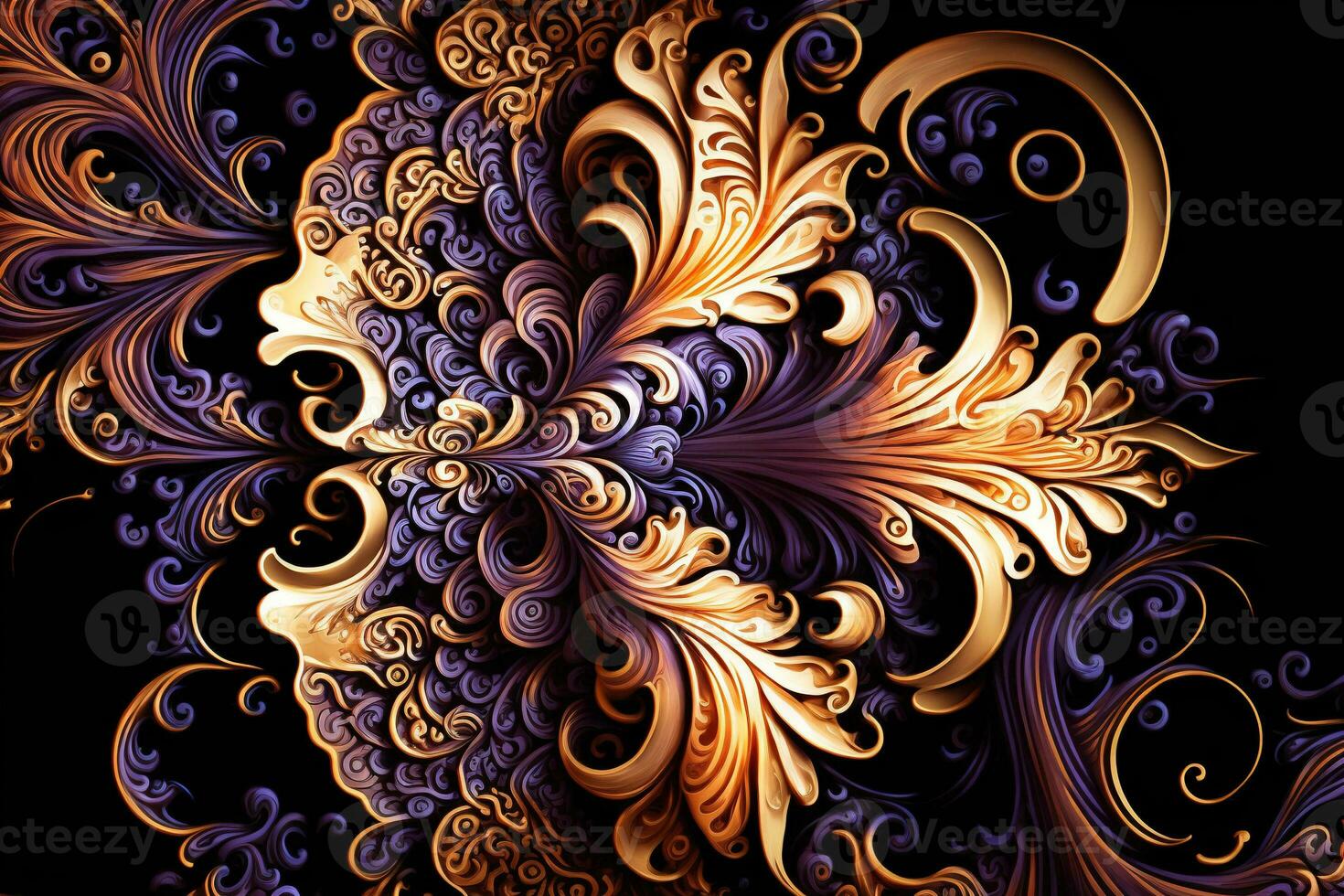 Swirling magnificent fractalesque rococo patterns. Collage contemporary print with creative futuristic waves pattern with purple and yellow colors, texture. Artistic photo