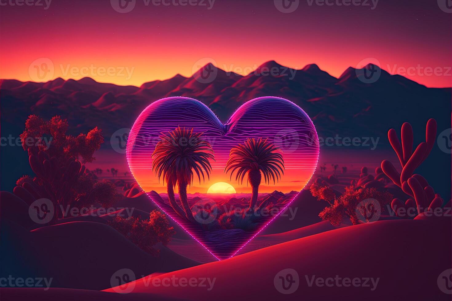 valentine day with retro style hearts, love concept, retro wave sunset, in style of synthwave artwork, cinematic color grading, cinematic light, depth of field. photo