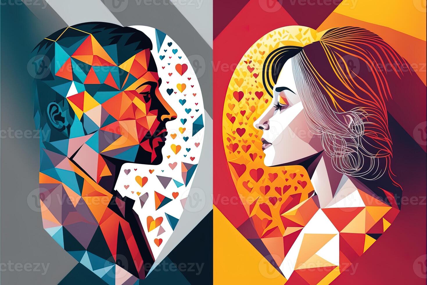 Couple on the background of the heart, Valentine's day posters, valentines with abstract, geometric background. Geometric prints, geometric patterns. photo