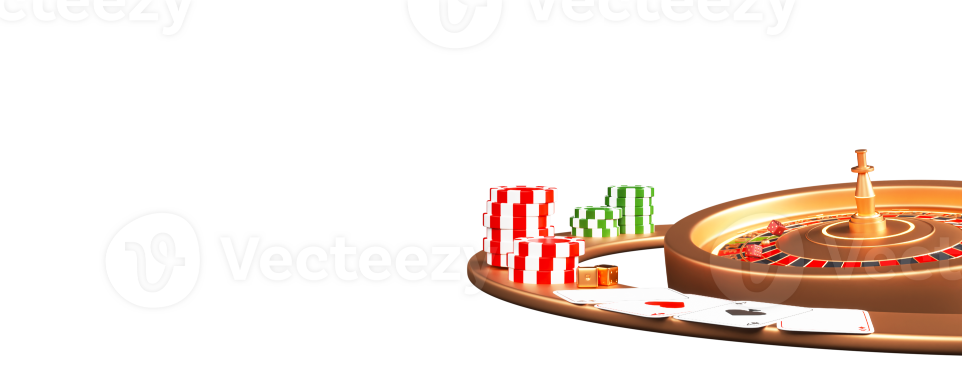Close View Of Roulette Wheel With Dices, Playing Cards, Poker Chip Element In 3D Render. png