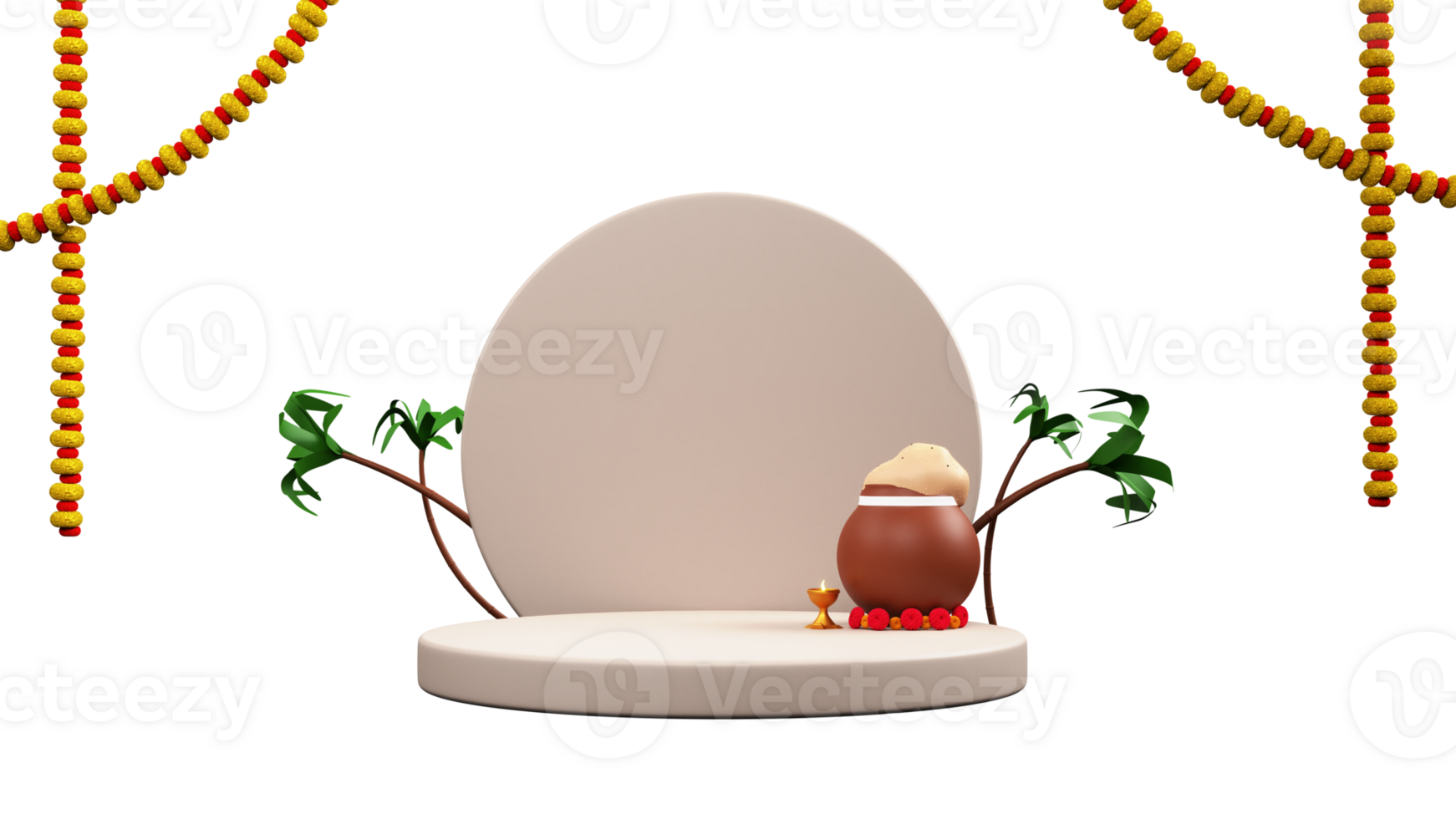 3D Render Clay Pot Full Of Pongal Dish With Lit Oil Lamp Over Podium, Empty Circular Frame, Sugarcanes And Marigold Garland Deorated Background. png