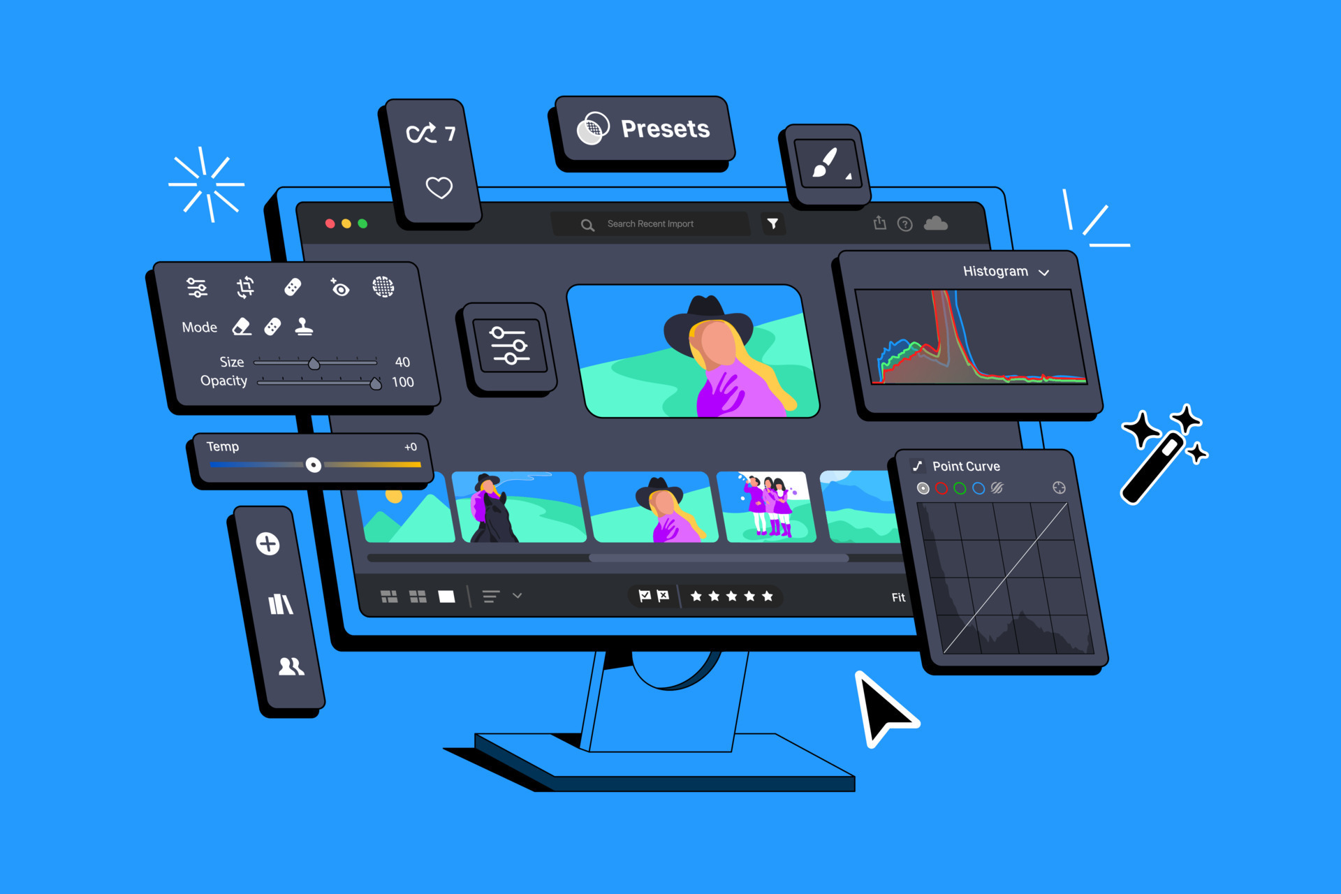 Editing software for importing, saving, viewing, organizing, tagging, editing, and sharing large