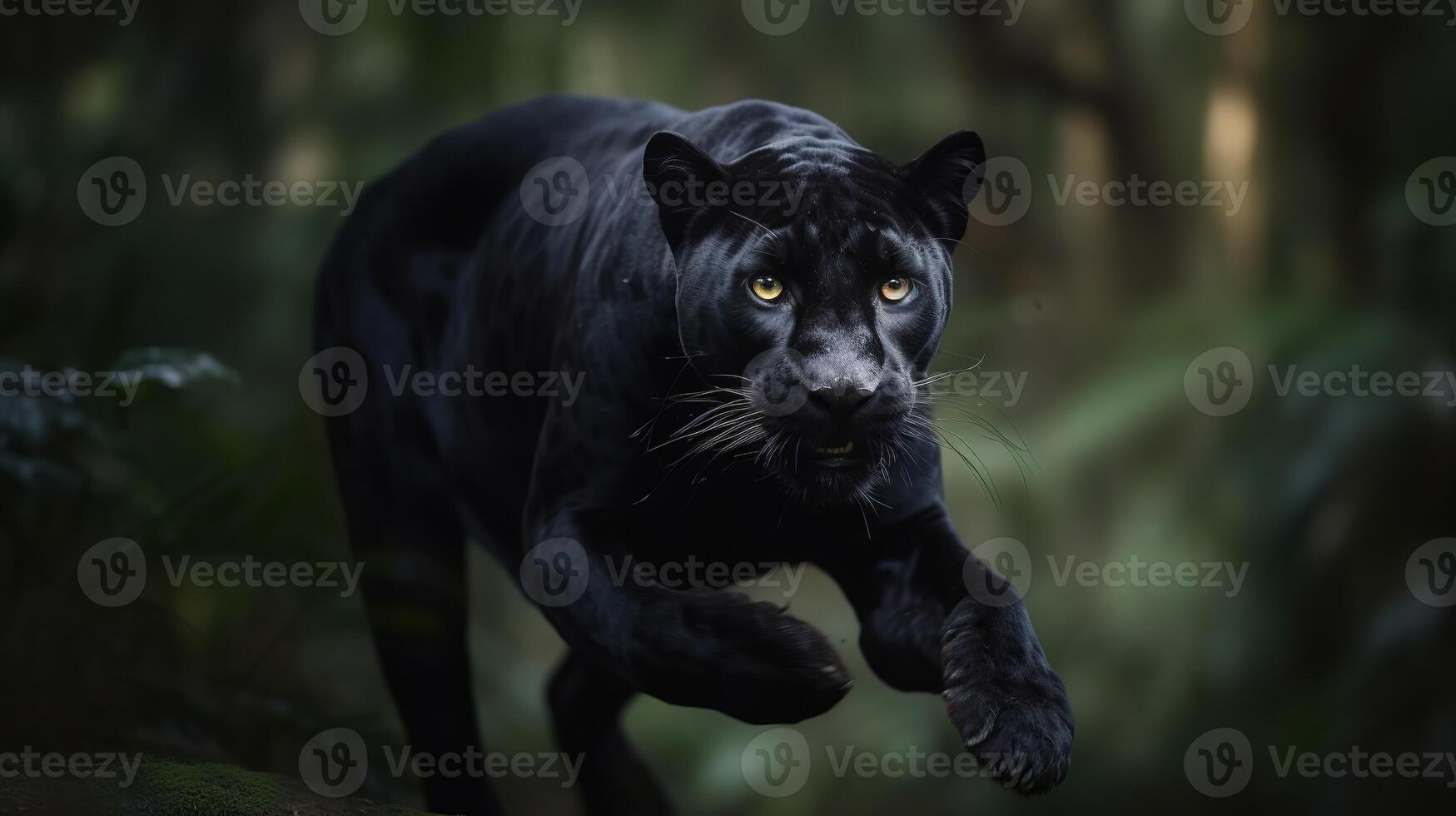 agraciado salto, negro pantera en el selva. generativo ai foto