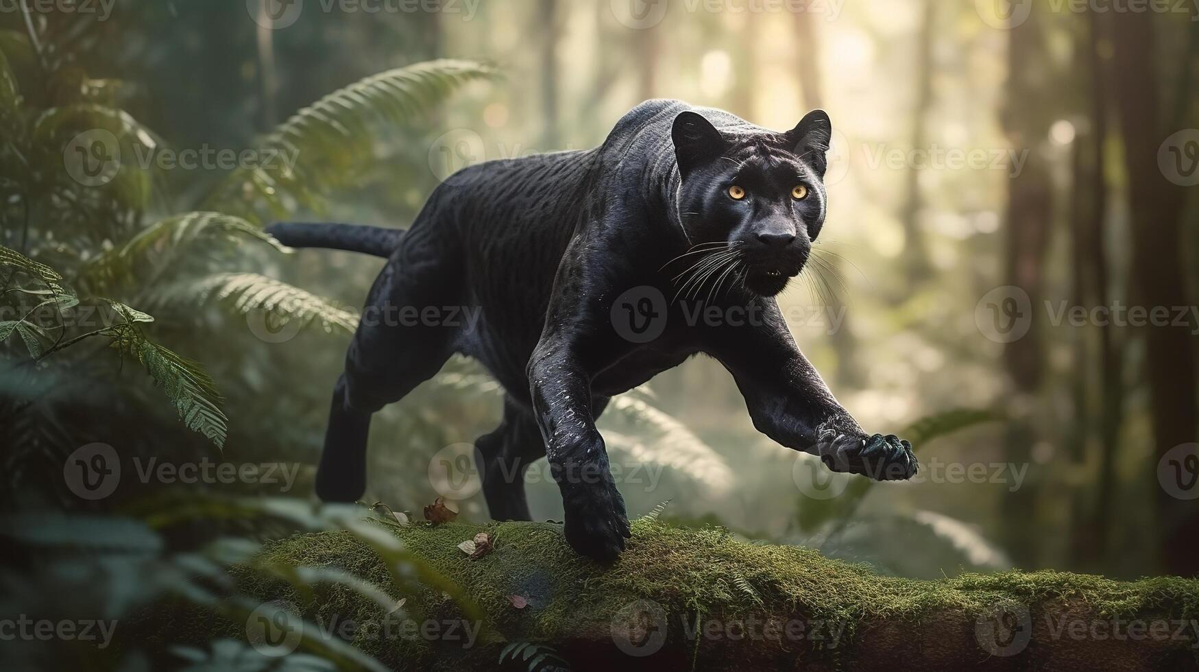 Graceful Leap, Black Panther in the Jungle. photo