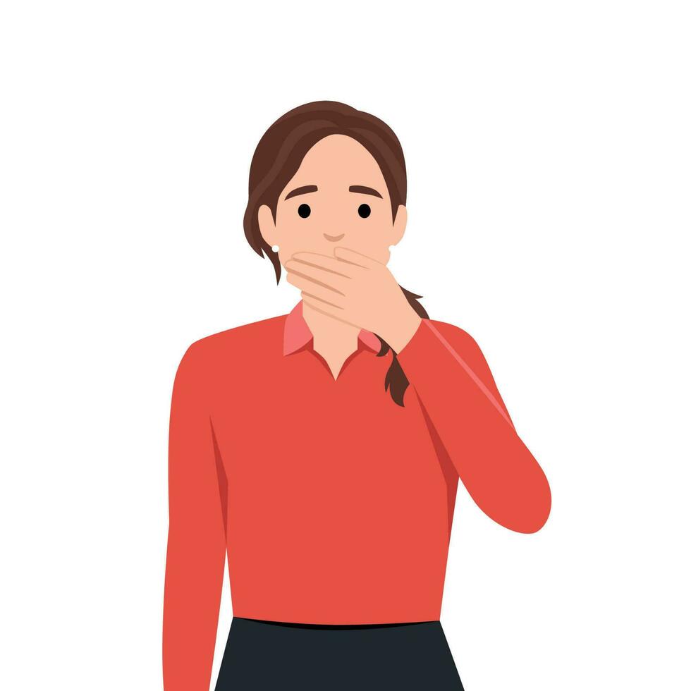 Shocked young woman covering mouth with both hands while eyes open widely. Woman covering mouth with hand. Human emotion and body language concept vector