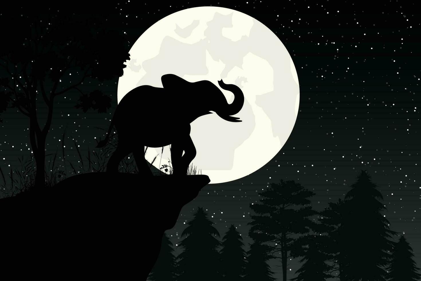 lindo elefante y Luna silueta ilustración gráfico vector