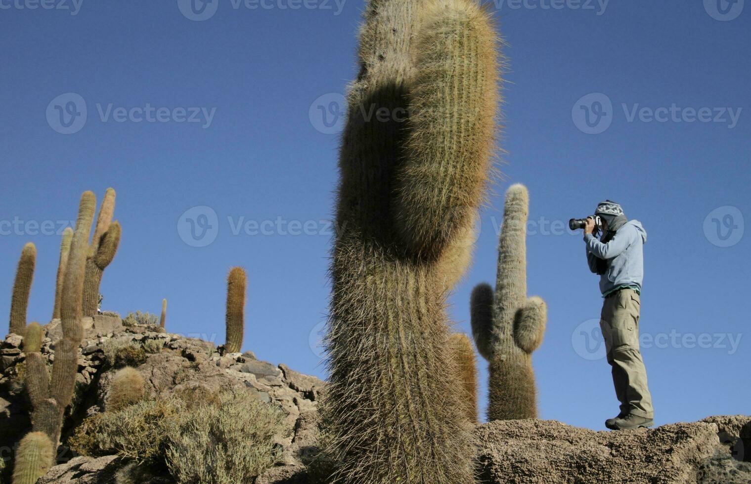 Man taking a photo on the famous Cactus Island in the middle of the Uyuni salt flats, Bolivia