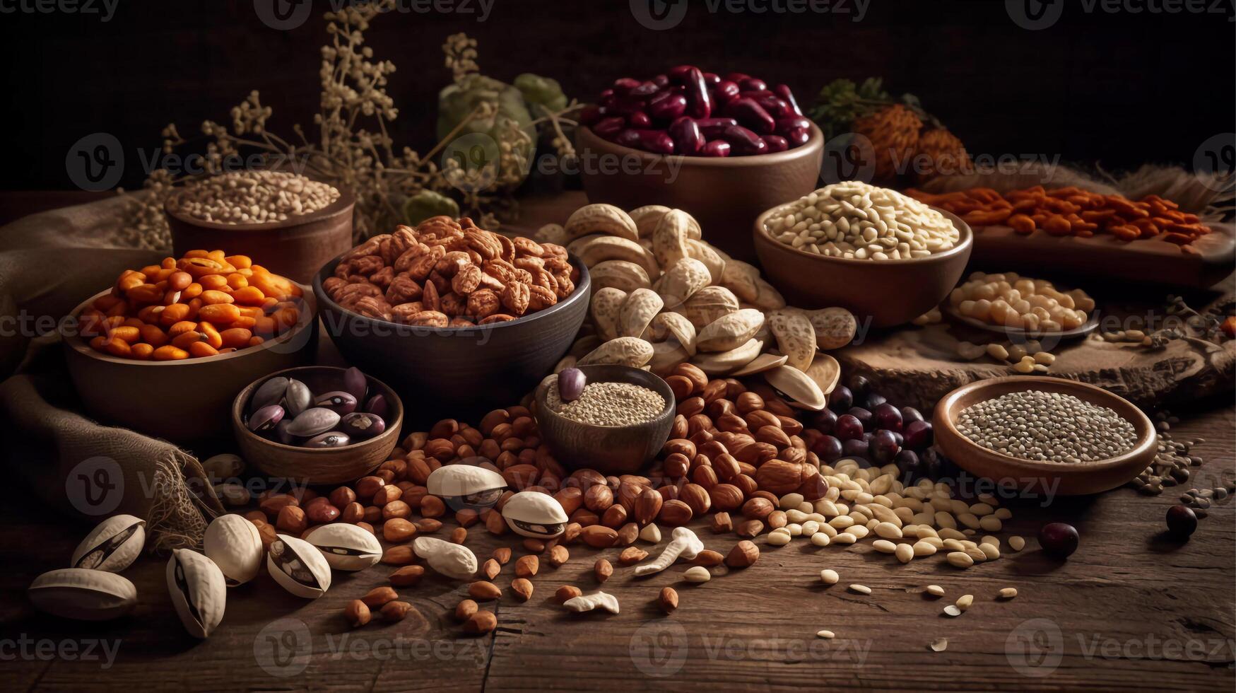 Plant-Powered Protein Heroes A vibrant, colorful variety of legumes, nuts, and seeds photo