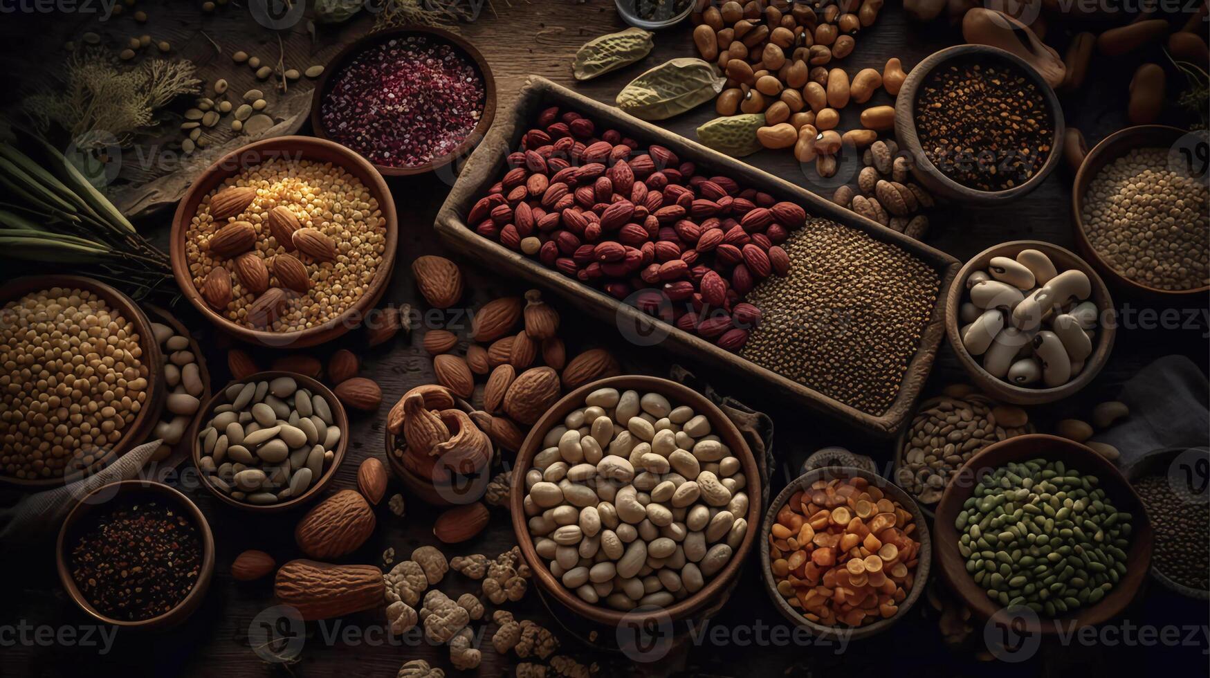 alimentado por plantas proteína héroes un vibrante, vistoso variedad de legumbres, nueces, y semillas generativo ai foto