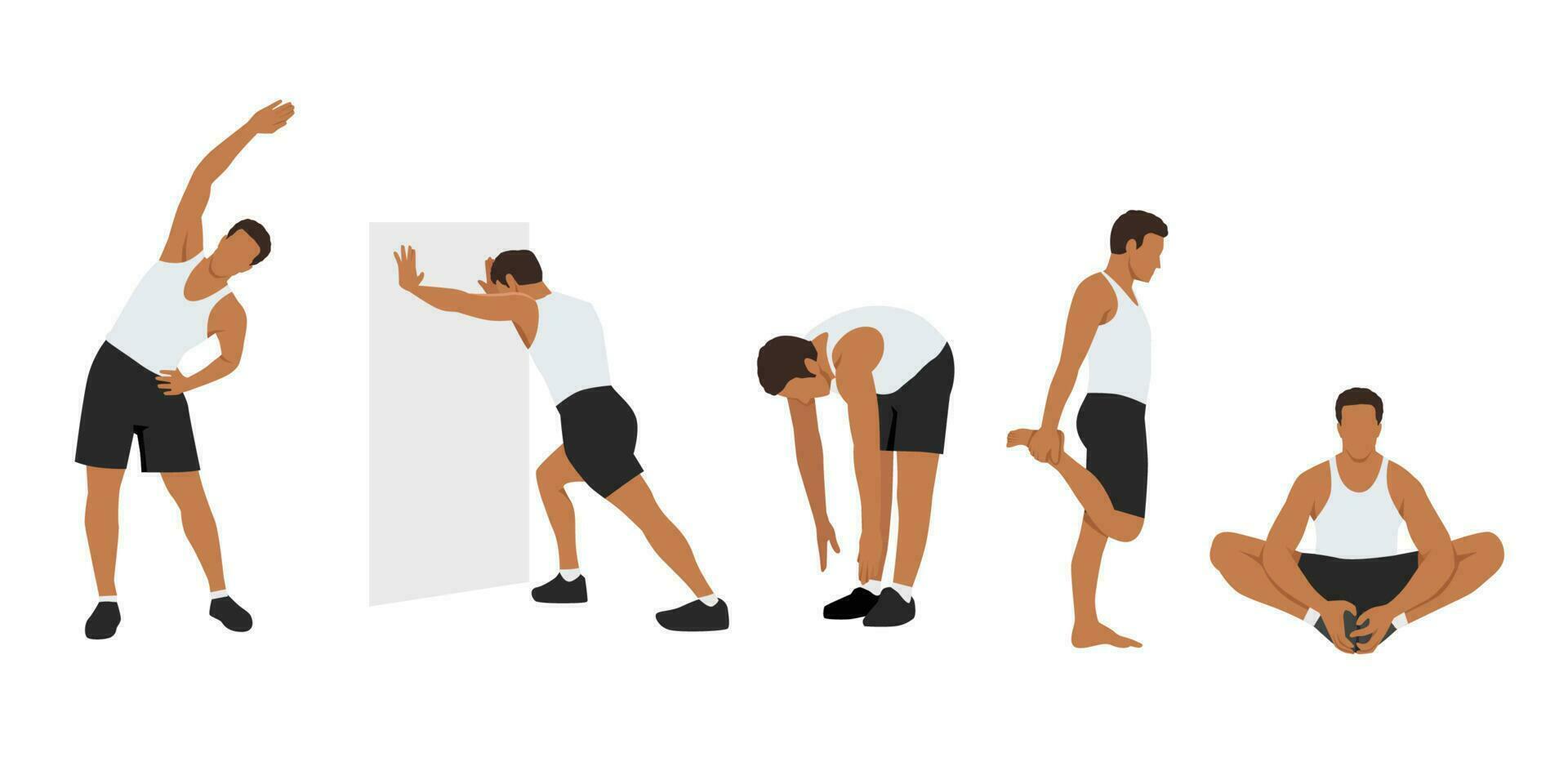 Basic RGBWorkout man set. Man doing fitness exercises. Warm up before gym. Full body workout. Warming up, stretching vector