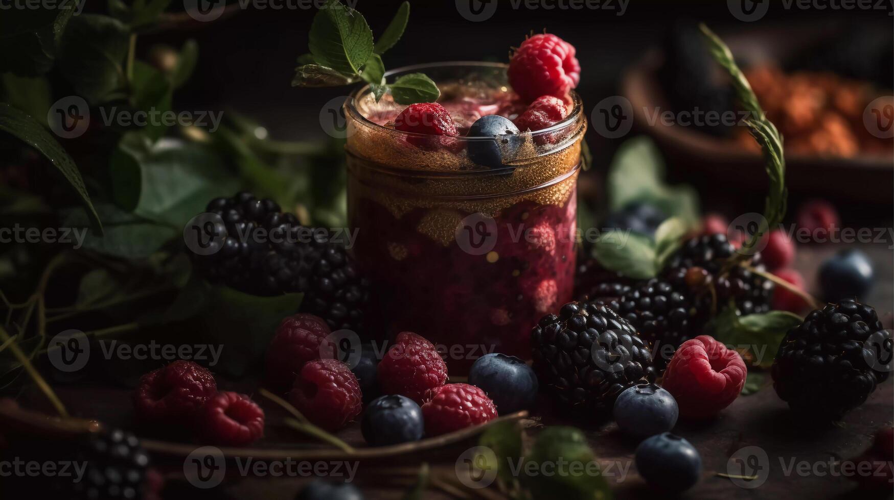 Superfood Smoothie Artistry Vibrant Berries, Leafy Greens, and Exotic Herbs Blended into a Nutrient-Packed Elixir photo