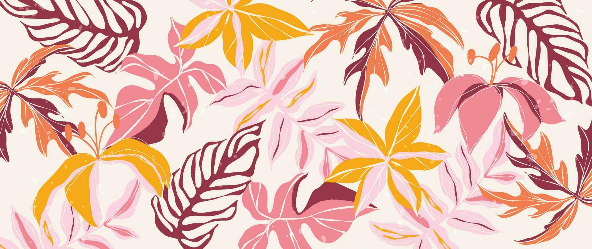 Abstract floral art background vector. Botanical hand drawn tropical leaves, lilly. Blossom pattern design illustration for wallpaper, banner, print, poster, cover, greeting and invitation card. vector