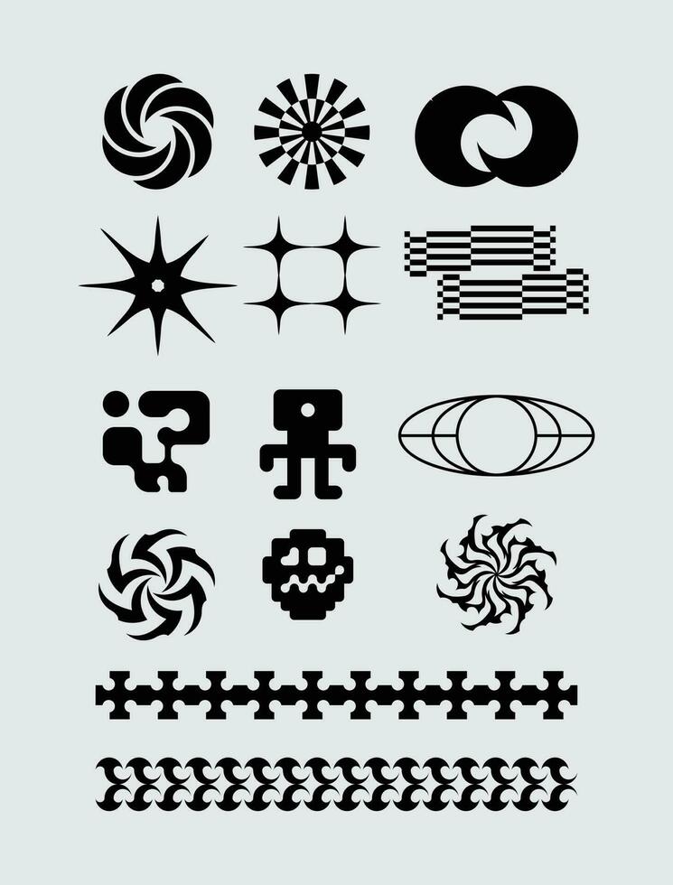 Abstract icon shape symbol set bundle geometric spiral brutalism acid element template clip art vector editable