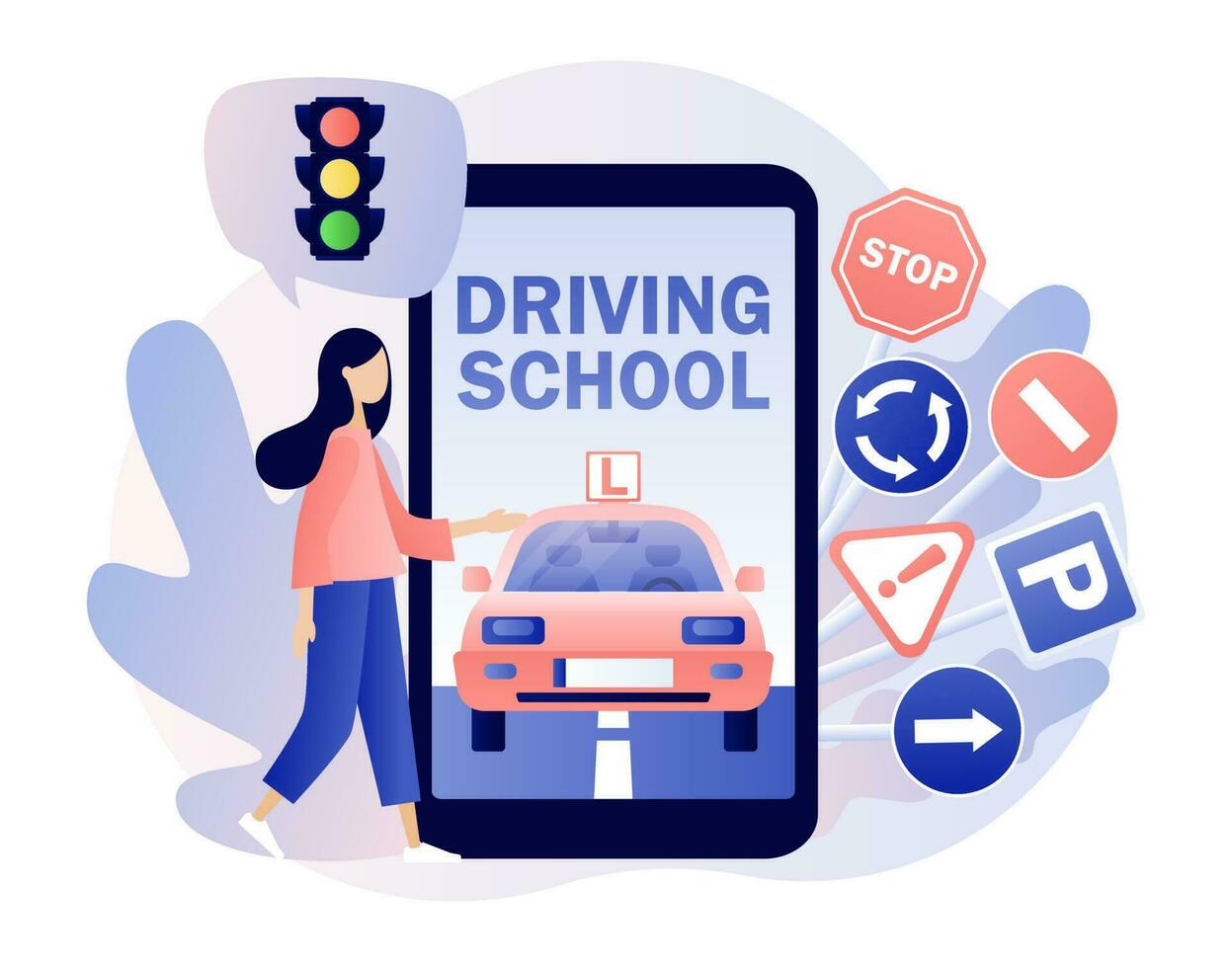 Driving school. Driver license. Tiny girl studying in drive lesson and passing exams online use smartphone. Traffic rules. Road signs.Modern flat cartoon style. Vector illustration on white background